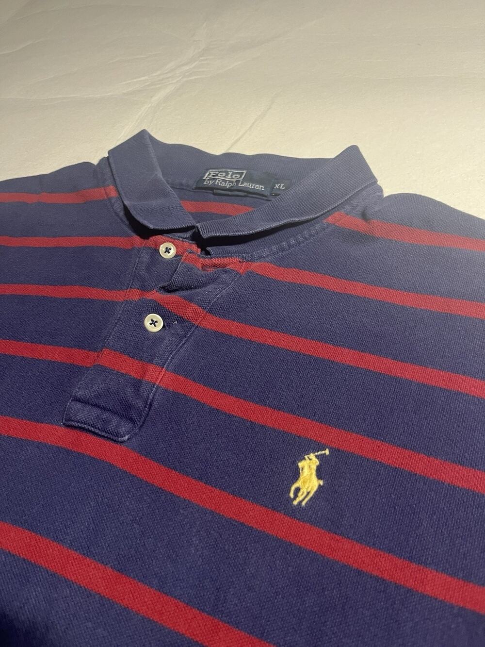 Polo Ralph Lauren Men’s XL Navy Red Striped Short Sleeve Polo Shirt Yellow Pony